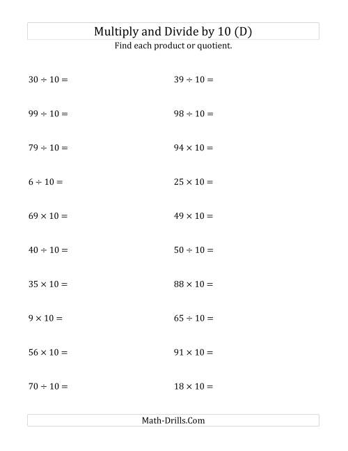 The Multiplying and Dividing Whole Numbers by 10 (D) Math Worksheet