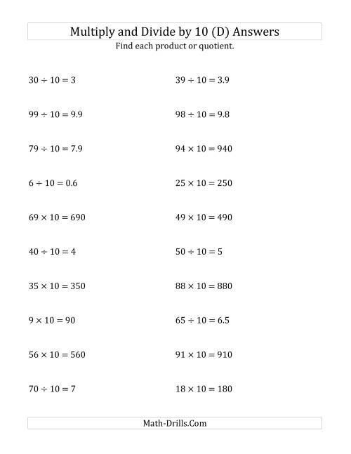 The Multiplying and Dividing Whole Numbers by 10 (D) Math Worksheet Page 2
