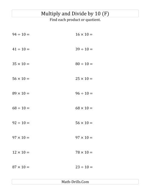 The Multiplying and Dividing Whole Numbers by 10 (F) Math Worksheet