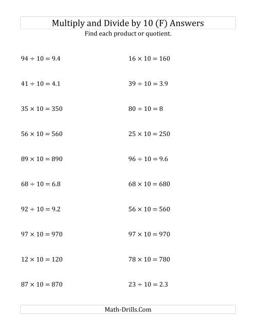 The Multiplying and Dividing Whole Numbers by 10 (F) Math Worksheet Page 2