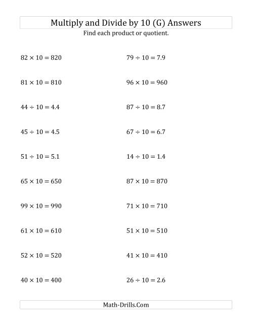 The Multiplying and Dividing Whole Numbers by 10 (G) Math Worksheet Page 2