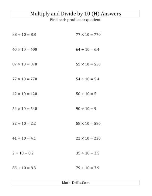 The Multiplying and Dividing Whole Numbers by 10 (H) Math Worksheet Page 2