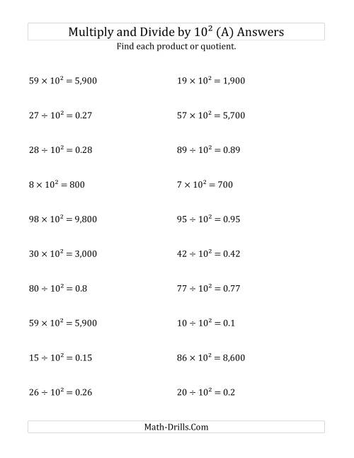 The Multiplying and Dividing Whole Numbers by 10<sup>2</sup> (A) Math Worksheet Page 2