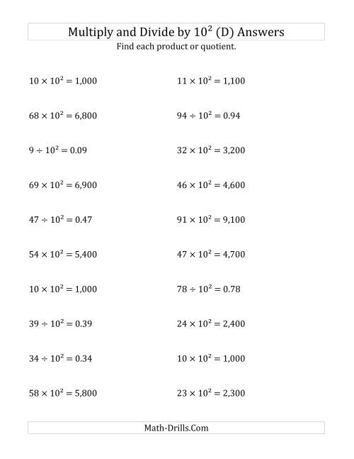 The Multiplying and Dividing Whole Numbers by 10<sup>2</sup> (D) Math Worksheet Page 2