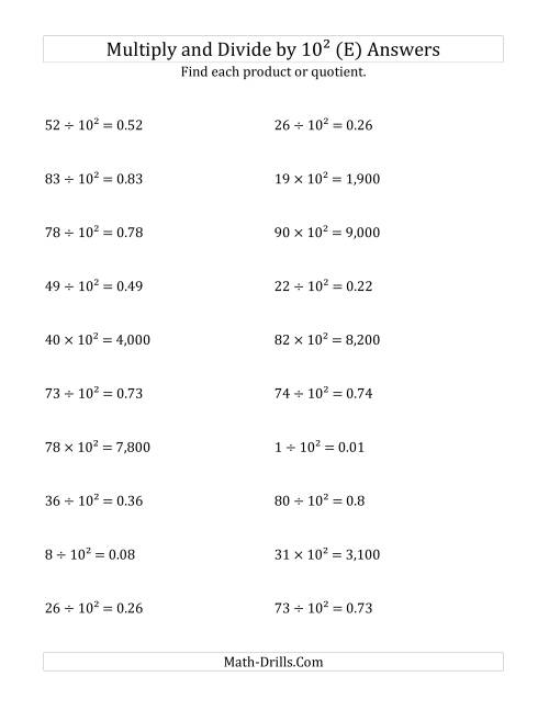 The Multiplying and Dividing Whole Numbers by 10<sup>2</sup> (E) Math Worksheet Page 2
