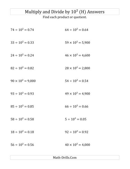 The Multiplying and Dividing Whole Numbers by 10<sup>2</sup> (H) Math Worksheet Page 2