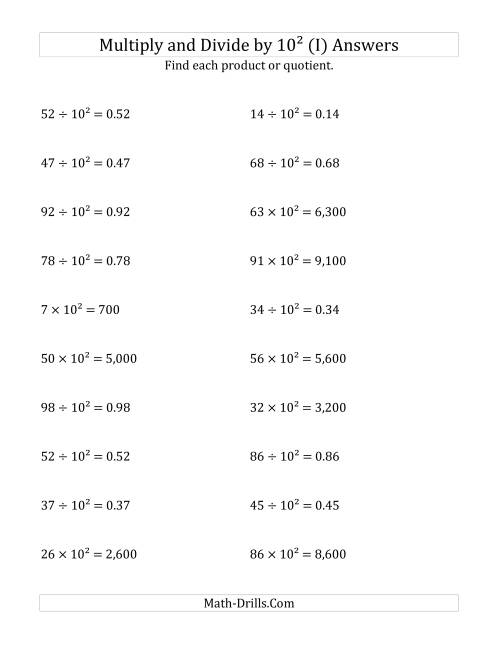 The Multiplying and Dividing Whole Numbers by 10<sup>2</sup> (I) Math Worksheet Page 2
