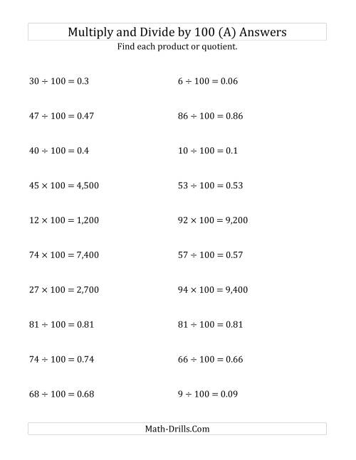 The Multiplying and Dividing Whole Numbers by 100 (A) Math Worksheet Page 2