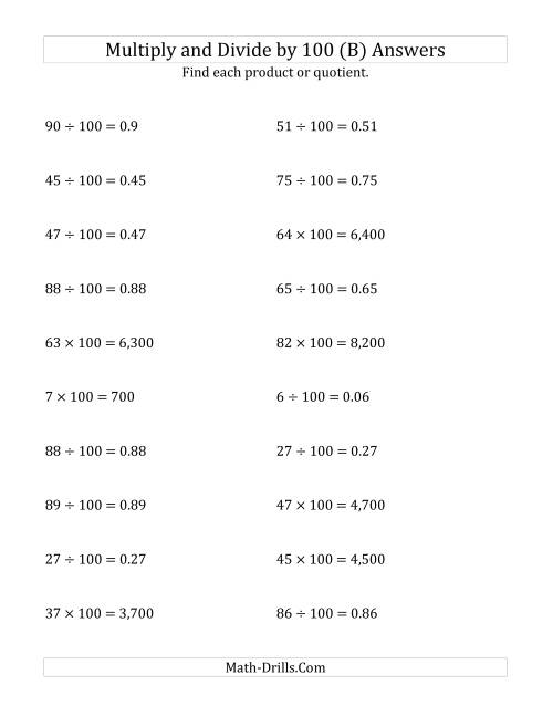 The Multiplying and Dividing Whole Numbers by 100 (B) Math Worksheet Page 2