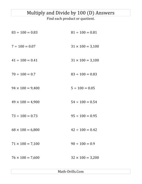 The Multiplying and Dividing Whole Numbers by 100 (D) Math Worksheet Page 2