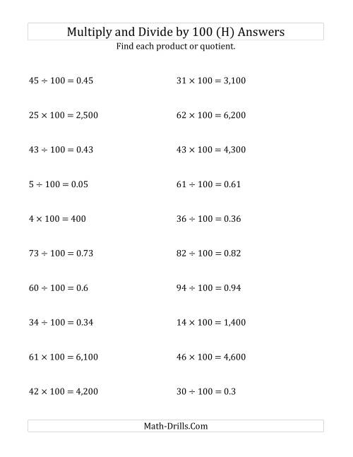 The Multiplying and Dividing Whole Numbers by 100 (H) Math Worksheet Page 2