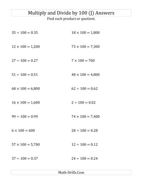 The Multiplying and Dividing Whole Numbers by 100 (J) Math Worksheet Page 2