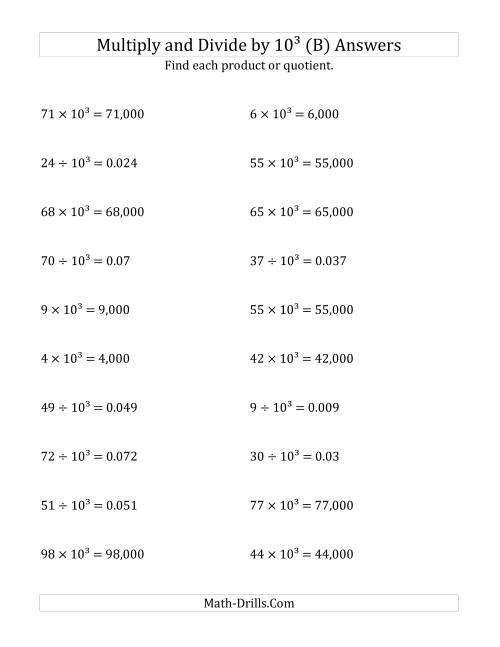 The Multiplying and Dividing Whole Numbers by 10<sup>3</sup> (B) Math Worksheet Page 2