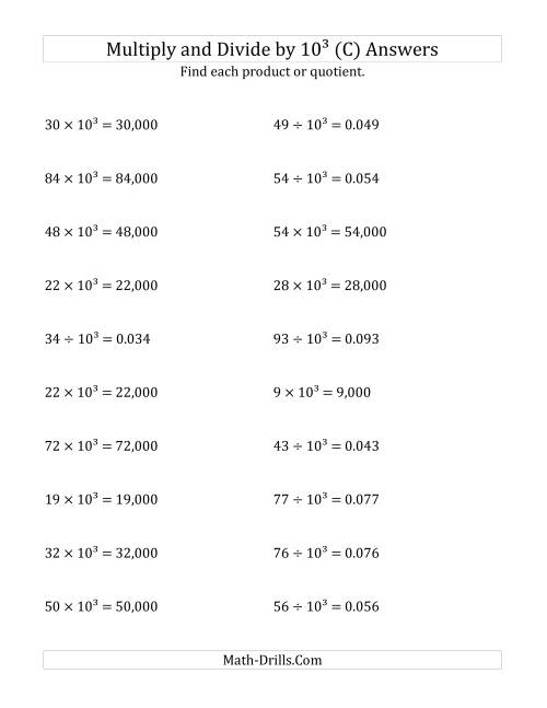 The Multiplying and Dividing Whole Numbers by 10<sup>3</sup> (C) Math Worksheet Page 2