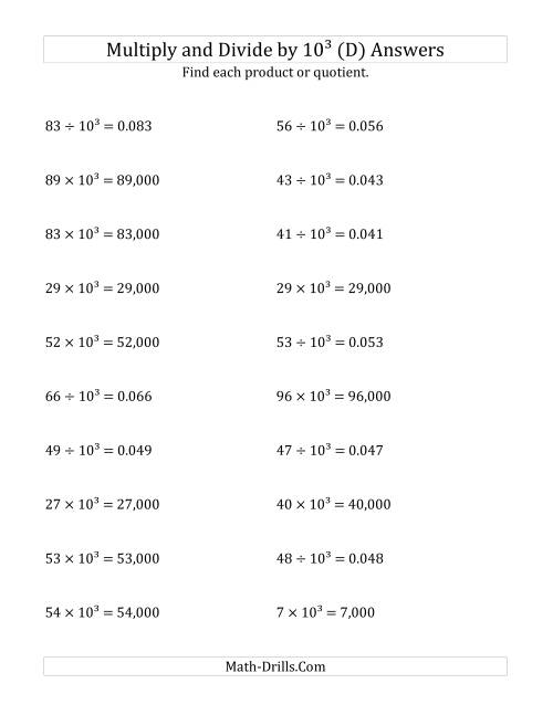 The Multiplying and Dividing Whole Numbers by 10<sup>3</sup> (D) Math Worksheet Page 2