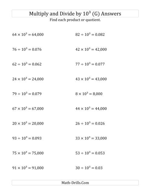 The Multiplying and Dividing Whole Numbers by 10<sup>3</sup> (G) Math Worksheet Page 2