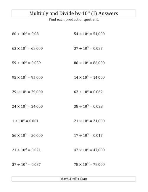 The Multiplying and Dividing Whole Numbers by 10<sup>3</sup> (I) Math Worksheet Page 2