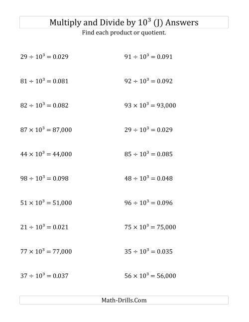 The Multiplying and Dividing Whole Numbers by 10<sup>3</sup> (J) Math Worksheet Page 2