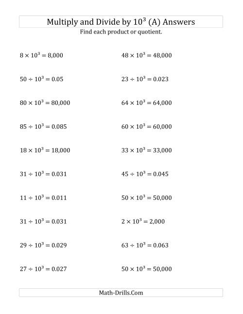 The Multiplying and Dividing Whole Numbers by 10<sup>3</sup> (All) Math Worksheet Page 2