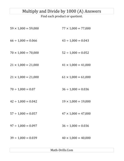 The Multiplying and Dividing Whole Numbers by 1,000 (A) Math Worksheet Page 2