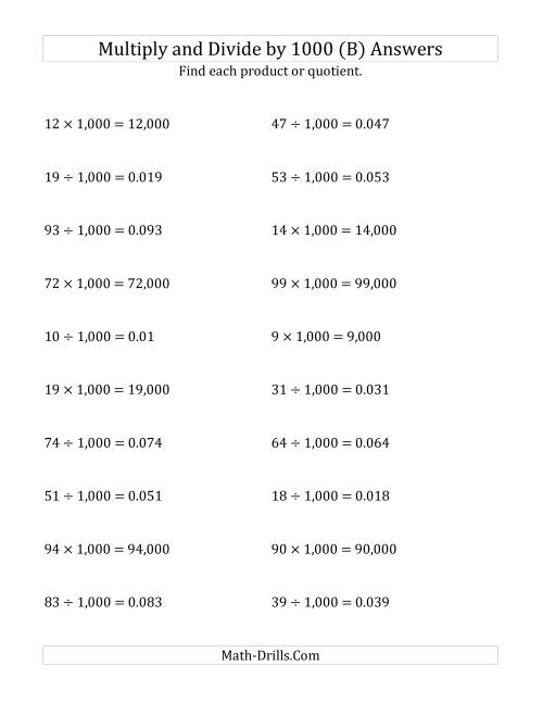 The Multiplying and Dividing Whole Numbers by 1,000 (B) Math Worksheet Page 2