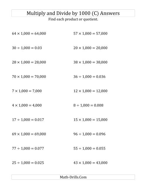 The Multiplying and Dividing Whole Numbers by 1,000 (C) Math Worksheet Page 2