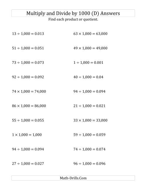 The Multiplying and Dividing Whole Numbers by 1,000 (D) Math Worksheet Page 2