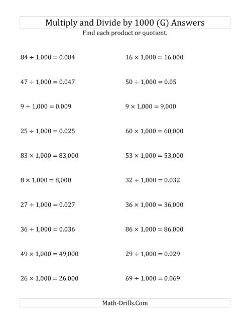 The Multiplying and Dividing Whole Numbers by 1,000 (G) Math Worksheet Page 2