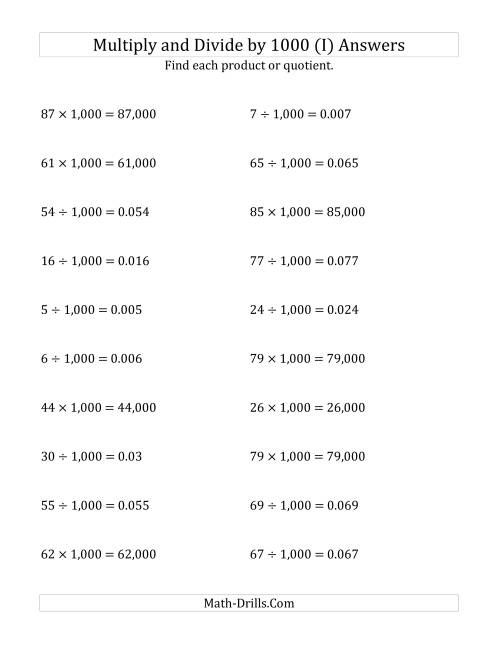 The Multiplying and Dividing Whole Numbers by 1,000 (I) Math Worksheet Page 2