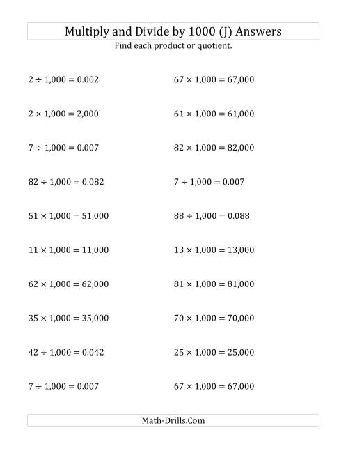 The Multiplying and Dividing Whole Numbers by 1,000 (J) Math Worksheet Page 2