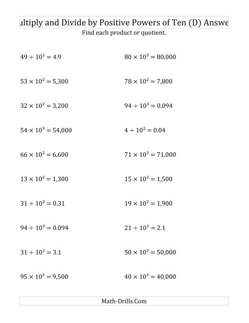 The Multiplying and Dividing Whole Numbers by Positive Powers of Ten (Exponent Form) (D) Math Worksheet Page 2