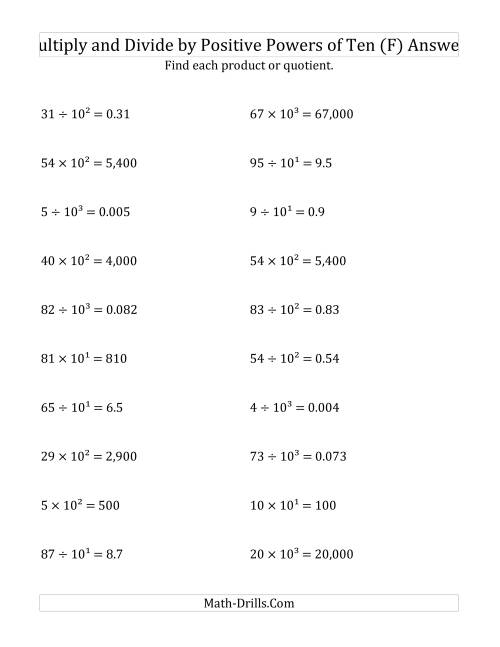 The Multiplying and Dividing Whole Numbers by Positive Powers of Ten (Exponent Form) (F) Math Worksheet Page 2