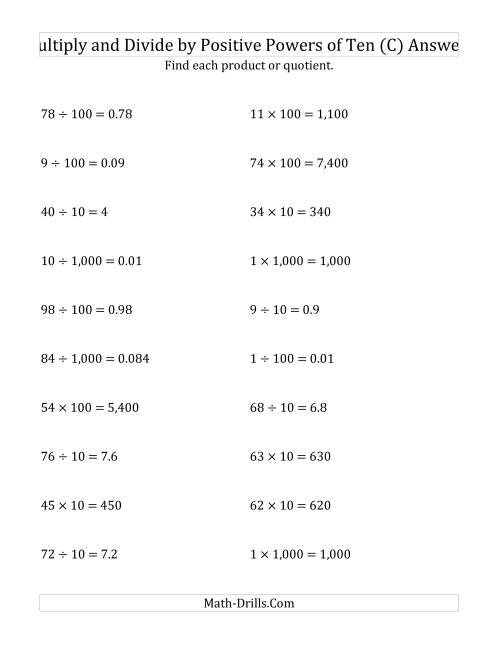 The Multiplying and Dividing Whole Numbers by Positive Powers of Ten (Standard Form) (C) Math Worksheet Page 2