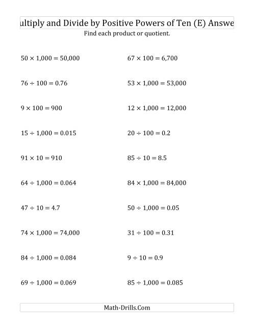 The Multiplying and Dividing Whole Numbers by Positive Powers of Ten (Standard Form) (E) Math Worksheet Page 2