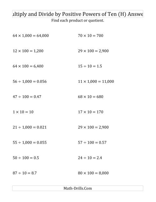 The Multiplying and Dividing Whole Numbers by Positive Powers of Ten (Standard Form) (H) Math Worksheet Page 2