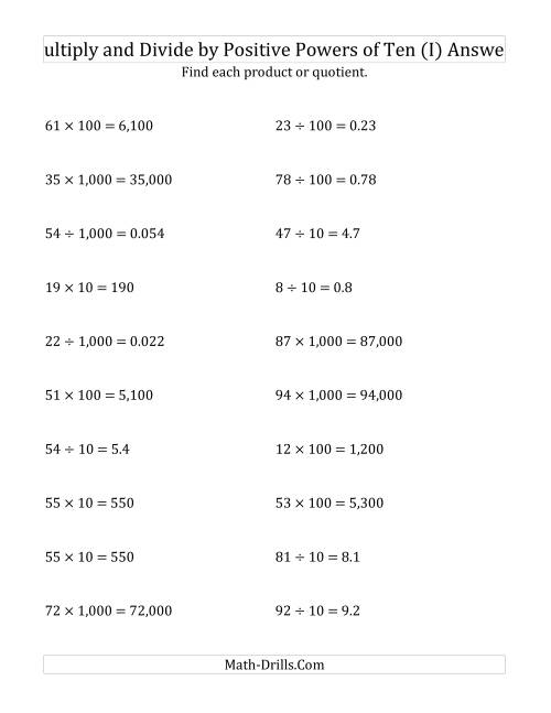 The Multiplying and Dividing Whole Numbers by Positive Powers of Ten (Standard Form) (I) Math Worksheet Page 2