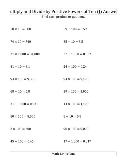 The Multiplying and Dividing Whole Numbers by Positive Powers of Ten (Standard Form) (J) Math Worksheet Page 2
