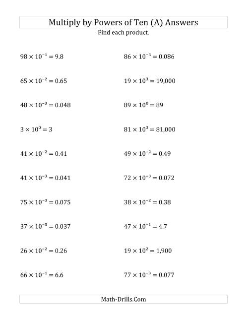 The Multiplying Whole Numbers by All Powers of Ten (Exponent Form) (A) Math Worksheet Page 2