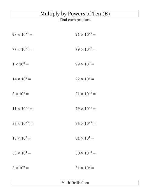 The Multiplying Whole Numbers by All Powers of Ten (Exponent Form) (B) Math Worksheet