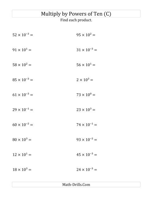 The Multiplying Whole Numbers by All Powers of Ten (Exponent Form) (C) Math Worksheet