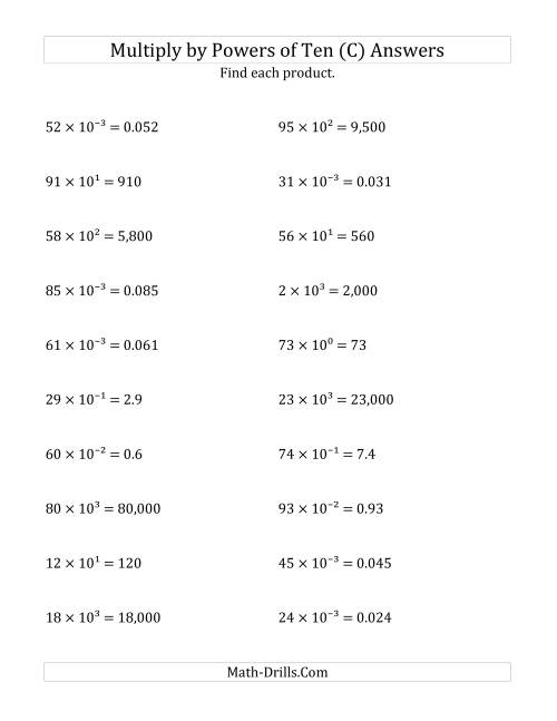 The Multiplying Whole Numbers by All Powers of Ten (Exponent Form) (C) Math Worksheet Page 2
