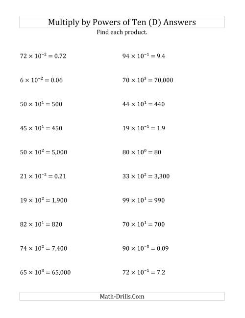 The Multiplying Whole Numbers by All Powers of Ten (Exponent Form) (D) Math Worksheet Page 2