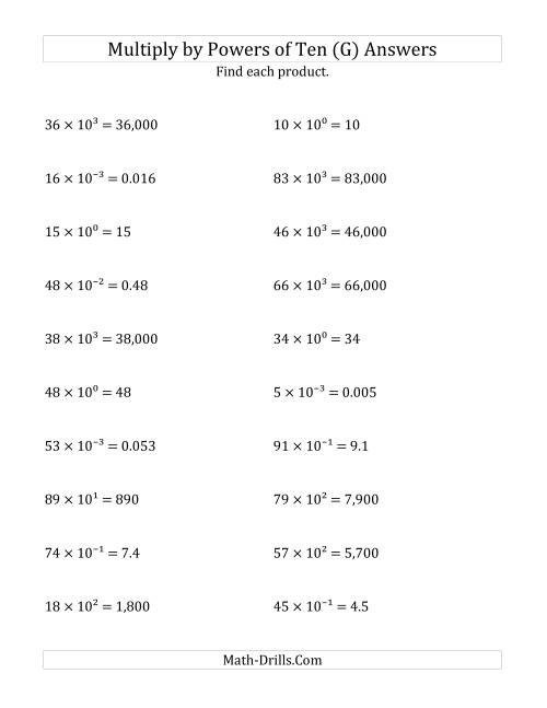 The Multiplying Whole Numbers by All Powers of Ten (Exponent Form) (G) Math Worksheet Page 2