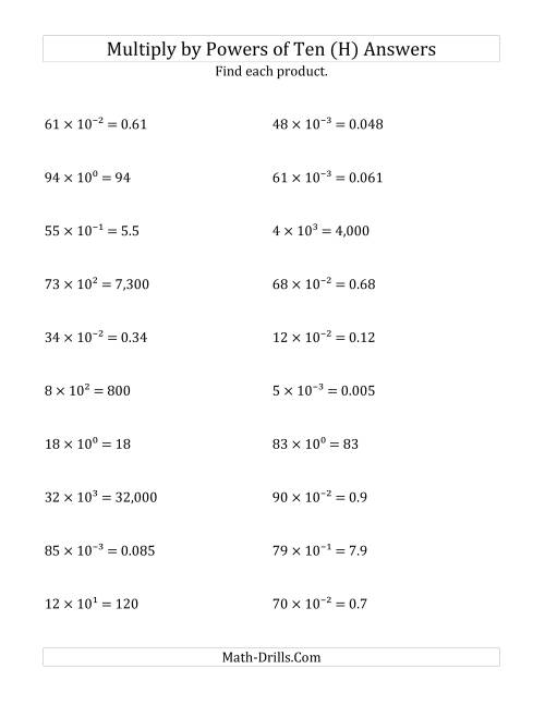 The Multiplying Whole Numbers by All Powers of Ten (Exponent Form) (H) Math Worksheet Page 2
