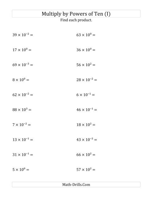 The Multiplying Whole Numbers by All Powers of Ten (Exponent Form) (I) Math Worksheet