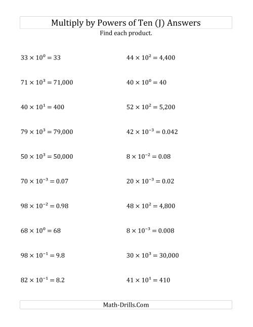 The Multiplying Whole Numbers by All Powers of Ten (Exponent Form) (J) Math Worksheet Page 2