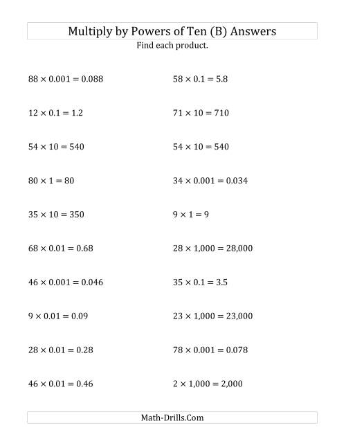 The Multiplying Whole Numbers by All Powers of Ten (Standard Form) (B) Math Worksheet Page 2