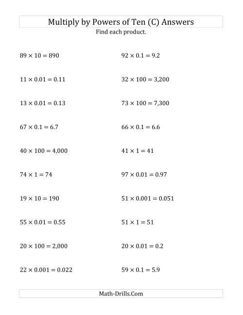 The Multiplying Whole Numbers by All Powers of Ten (Standard Form) (C) Math Worksheet Page 2