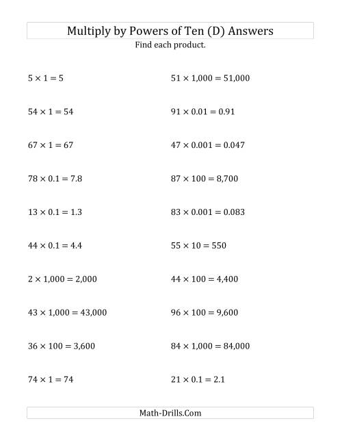 The Multiplying Whole Numbers by All Powers of Ten (Standard Form) (D) Math Worksheet Page 2
