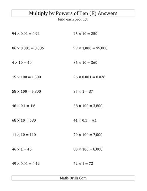The Multiplying Whole Numbers by All Powers of Ten (Standard Form) (E) Math Worksheet Page 2